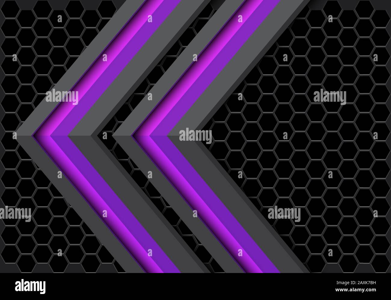 Abstract grigio violet nella direzione della freccia sul buio maglia esagonale pattern design moderno la tecnologia avveniristica sfondo illustrazione vettoriale. Illustrazione Vettoriale