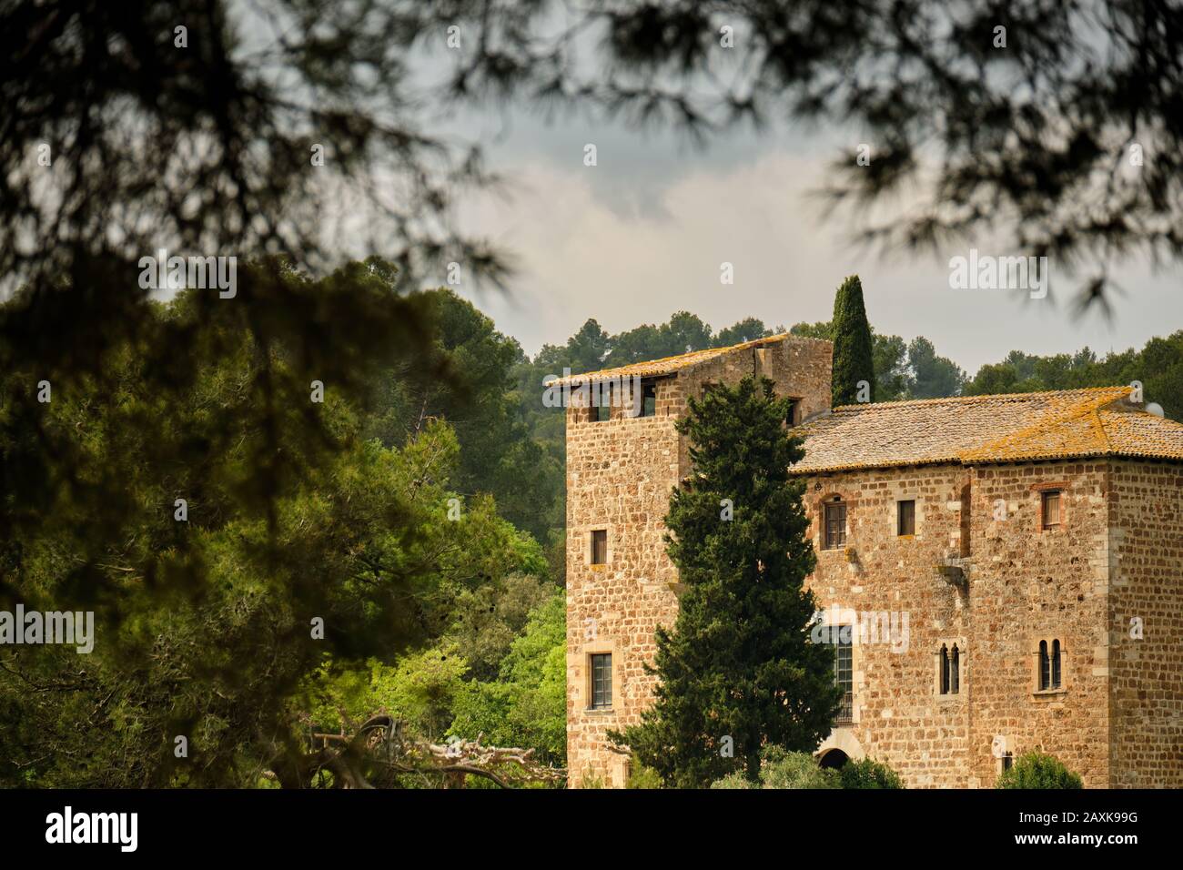 Antica torre vista attraverso una cornice naturale, Collserola Foto Stock