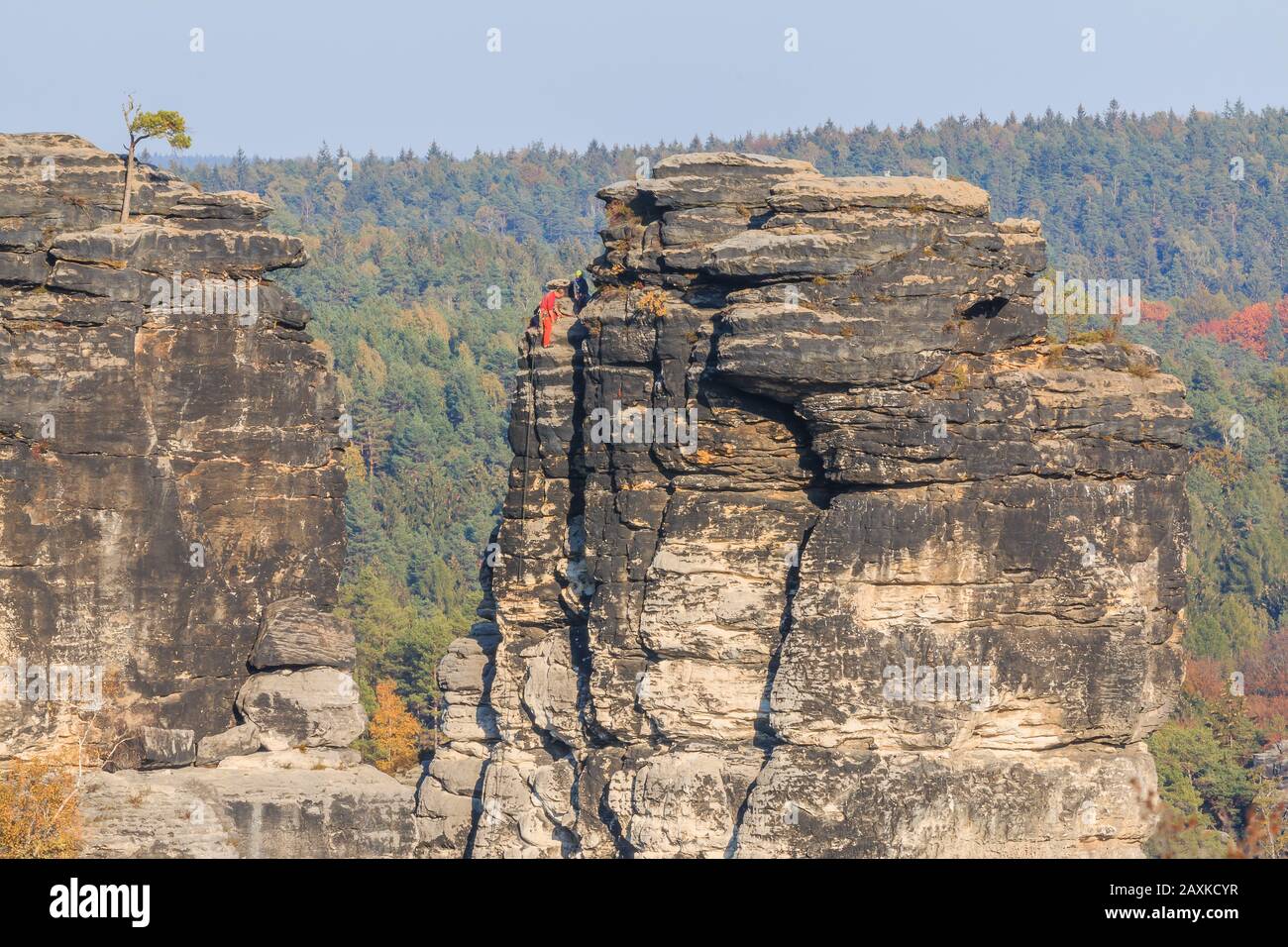 Rocce in Svizzera sassone. Avventura per escursioni e arrampicate vicino al ponte di Bastei nella valle dell'Elba. Sole e cielo blu con alberi in autunno Foto Stock