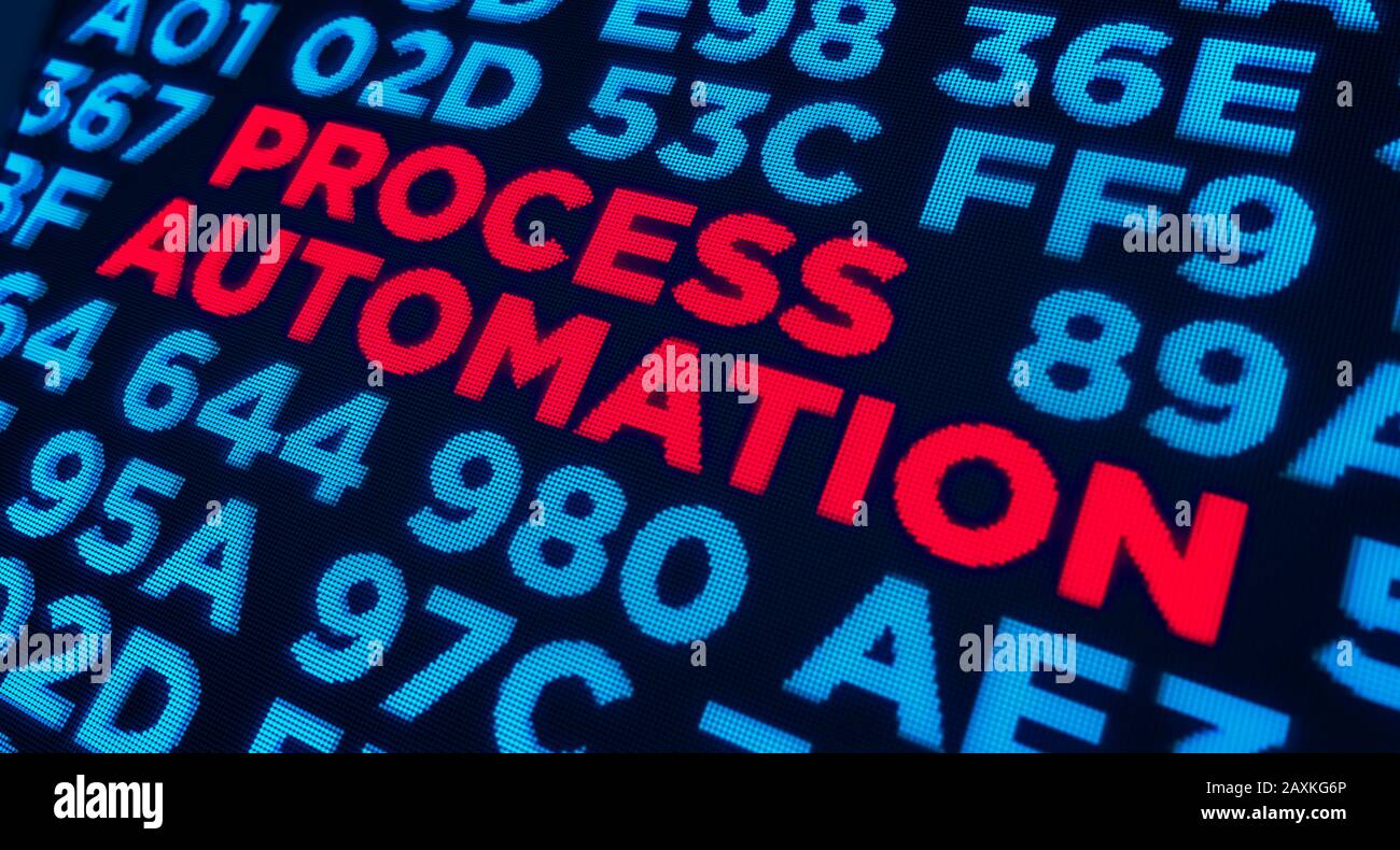 Automazione dei processi stile di visualizzazione pixel con parole chiave su sfondo digitale. Concetto di innovazione, robotica, analisi dei dati, internet delle cose, automa Foto Stock