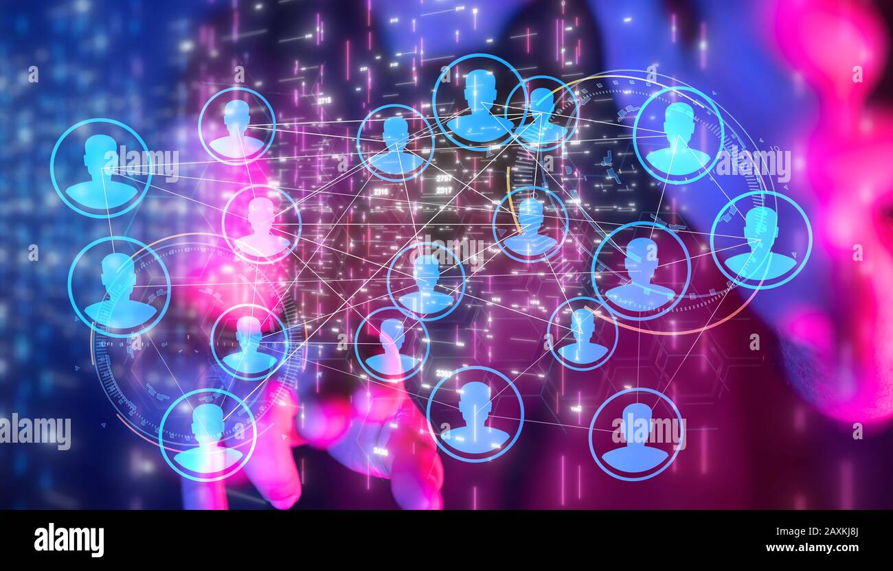 Proiezione virtuale della rete Internet di comunicazione dei social media Foto Stock