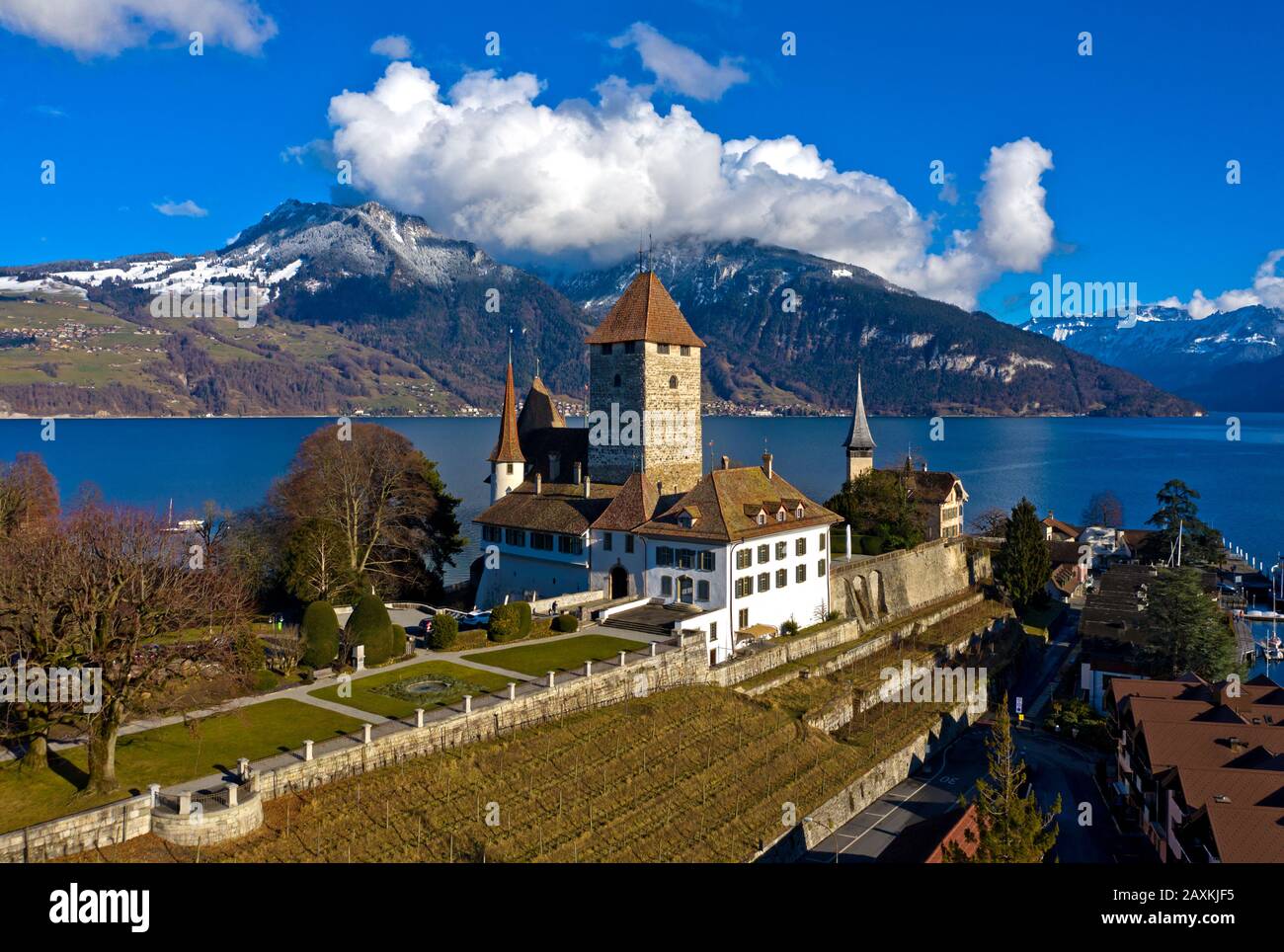 Castello di Spiez situato su una penisola al Lago di Thun, Thunersee, Spiez, cantone di Berna, Svizzera Foto Stock