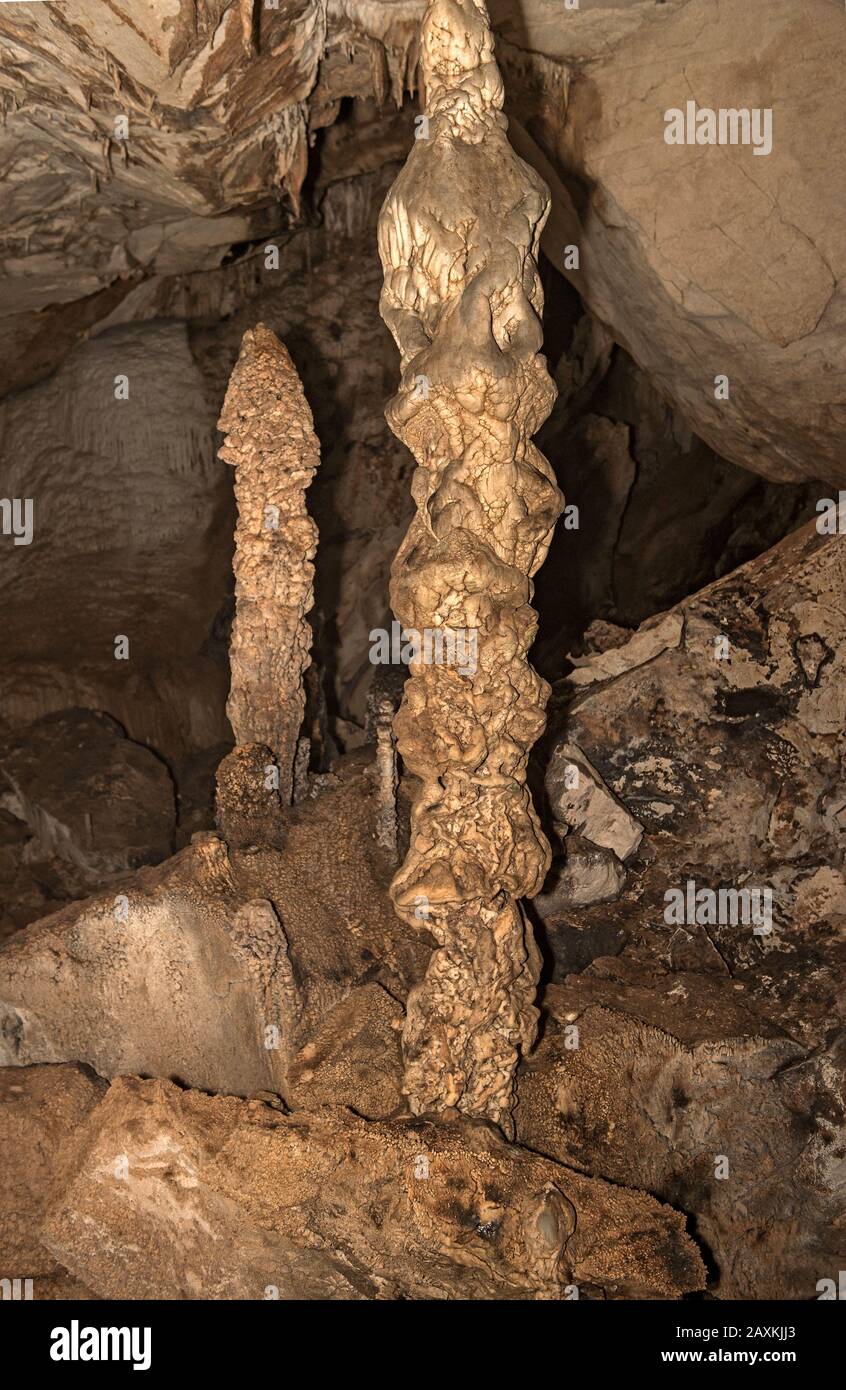 Stalagmiti, stalattiti e stalagiti, colonne in pietra goccia nella camera del Re della Grotta del Vento, Gunung Mulu Nationalpark, Sarawak, Borneo, Malesia Foto Stock