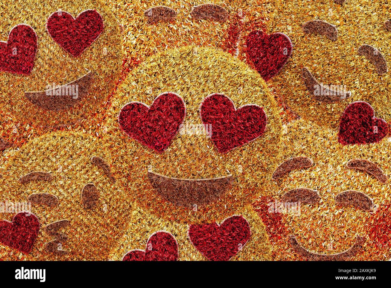 Forme gialle e rosse del viso a contatto con i colori, che mostrano sensazioni diverse. Felicità, divertimento, gioia simboli per il beackground Foto Stock