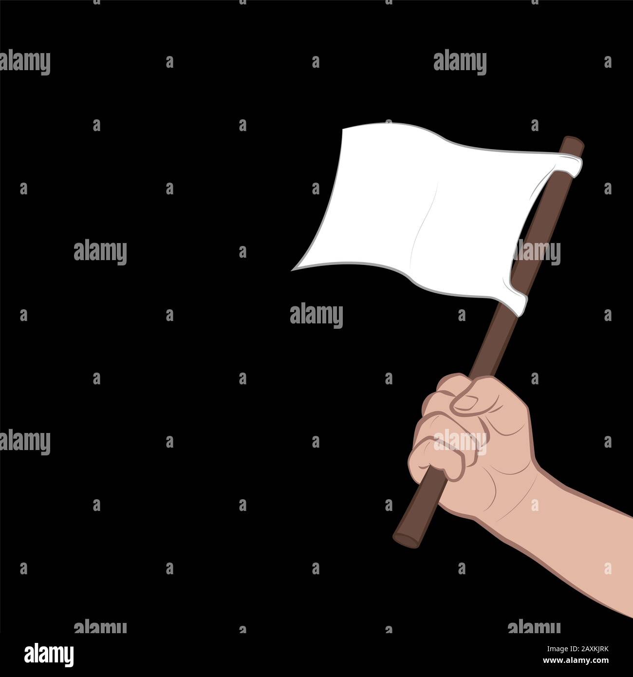 Bandierina bianca ondulata. Simbolo o segnale di capitolazione, resa, offerta di pace o di vittoria. Illustrazione a fumetti su sfondo nero. Foto Stock