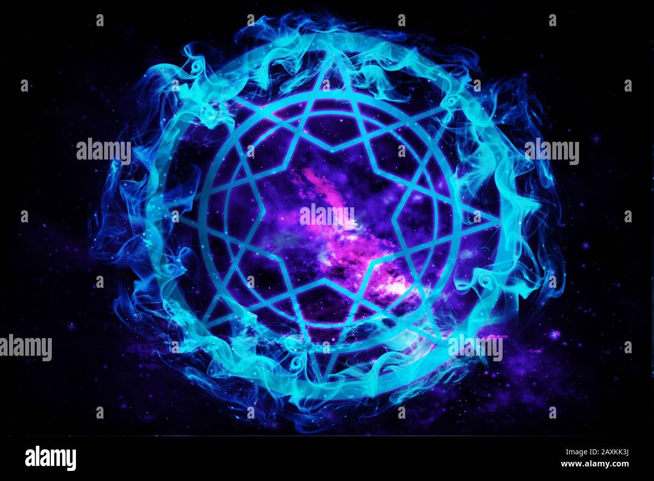 Segno di magia nera con fumo blu su sfondo violetto astratto, immagine illustrazione. Foto Stock