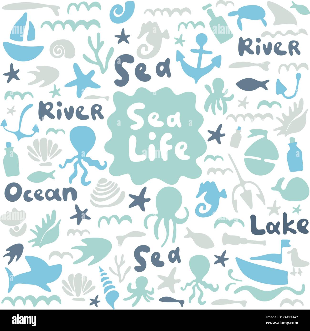 Vita marina, gita oceanica, mondo sottomarino, crociera marina estiva. Illustrazione piatta del doodle di scorta. Blu, indaco, menta. Testo mare, lago, oceano, fiume. Bene Illustrazione Vettoriale