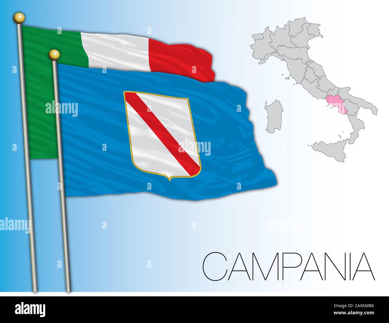 Bandiera e mappa ufficiale della Campania, Italia, illustrazione vettoriale Illustrazione Vettoriale