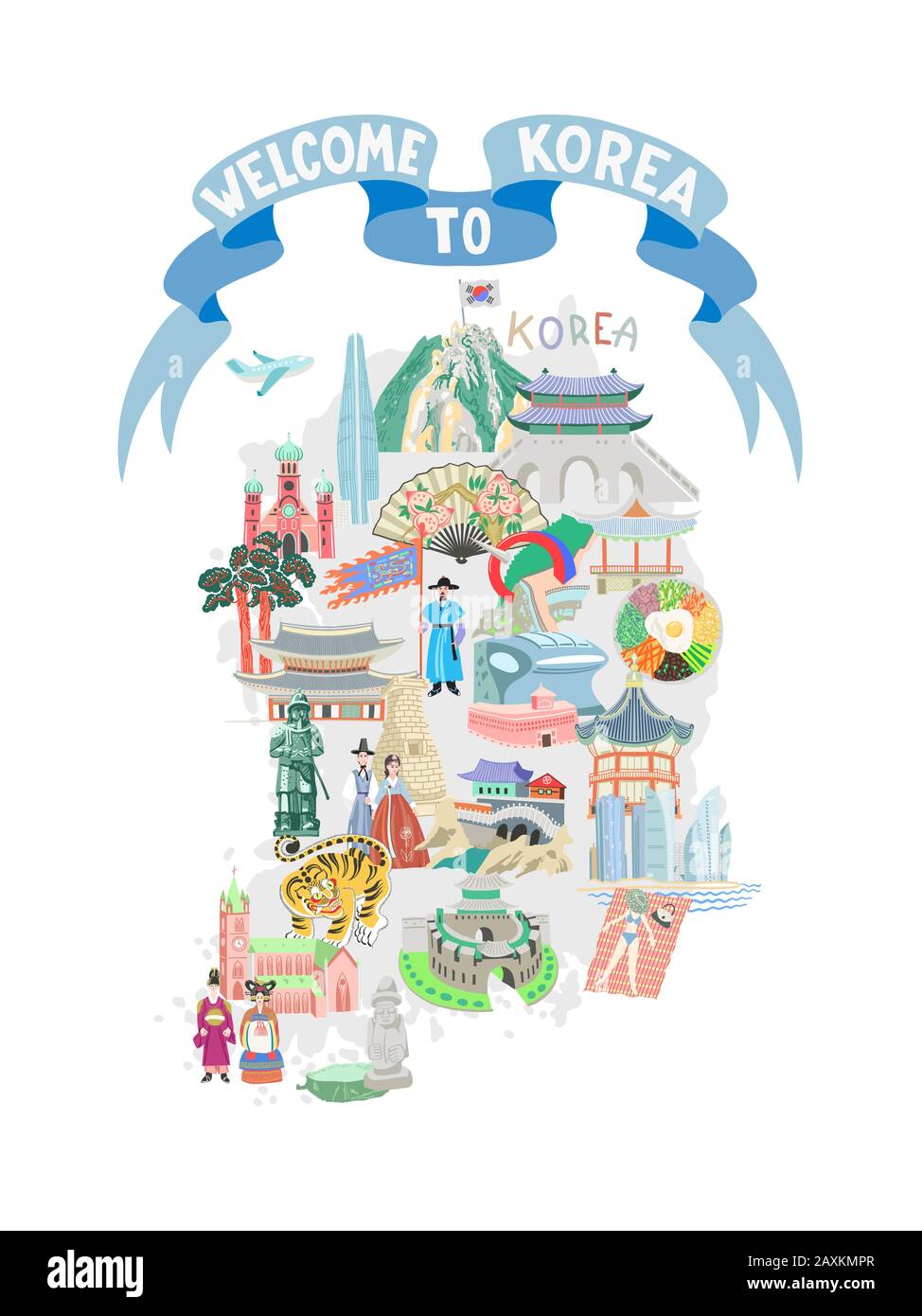 Benvenuti in Corea poster a nastro blu con mappa e simbolo di disegno a mano Illustrazione Vettoriale