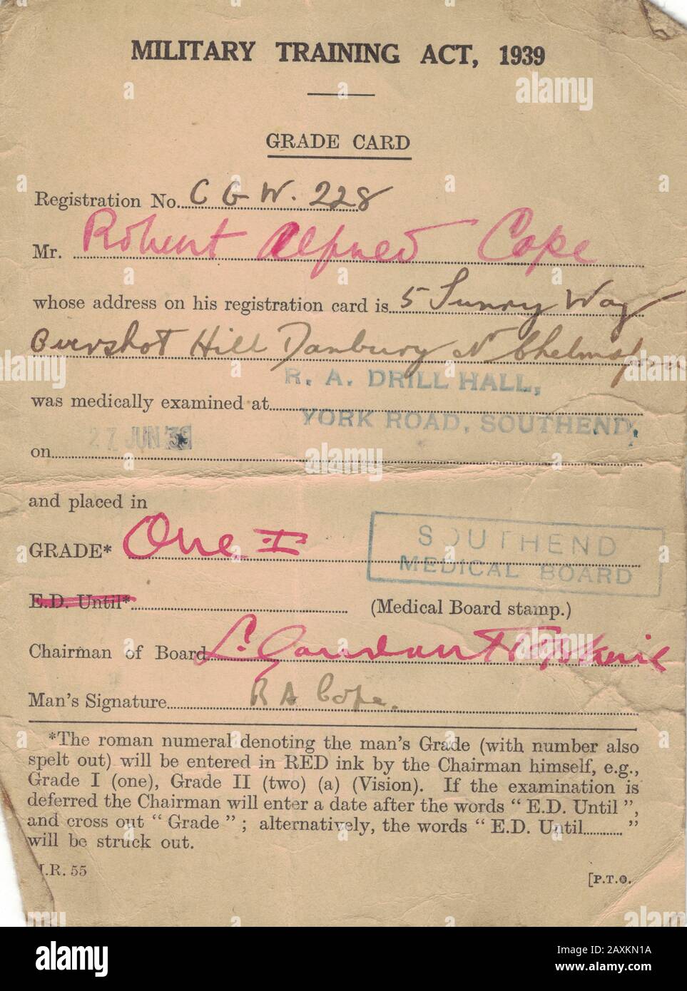 Military Training Act 1939 Grade Card Foto Stock