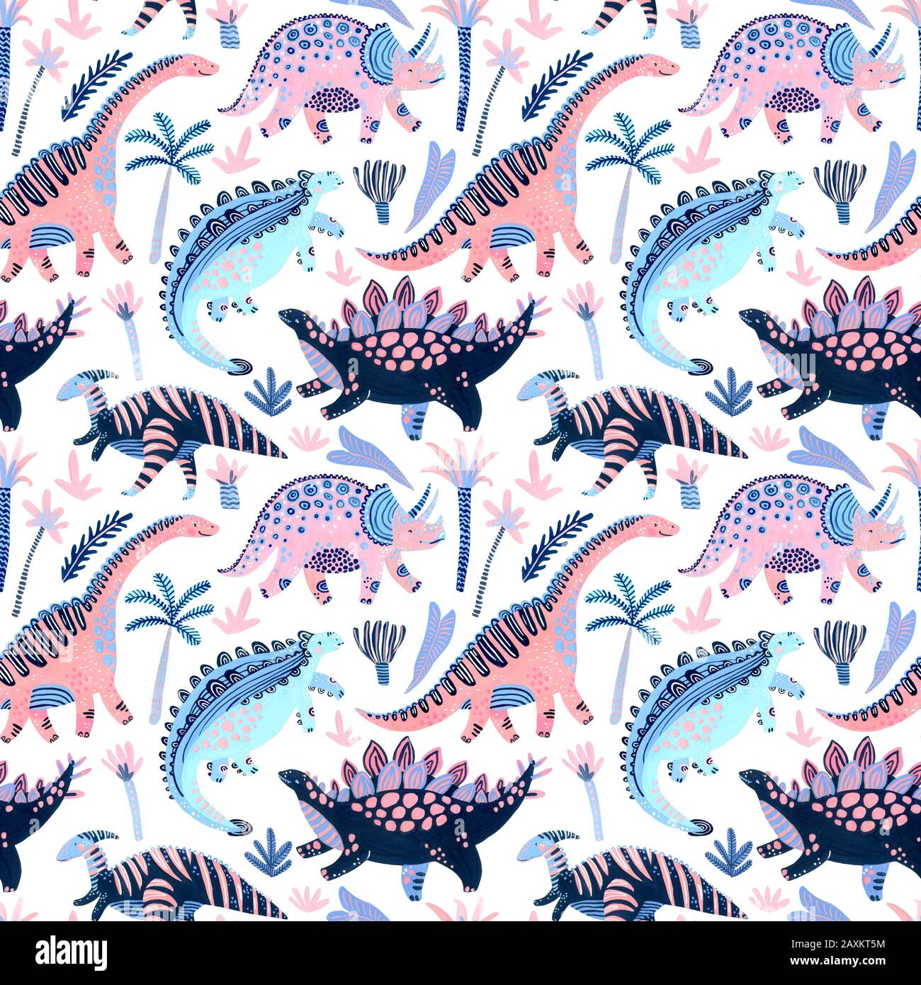 Cartoon carino dinosauri seamless pattern in stile scandinavo. Dipinto a mano acquerello dino carattere, fiori tropicali sfondo. Vivaio arte illust Foto Stock