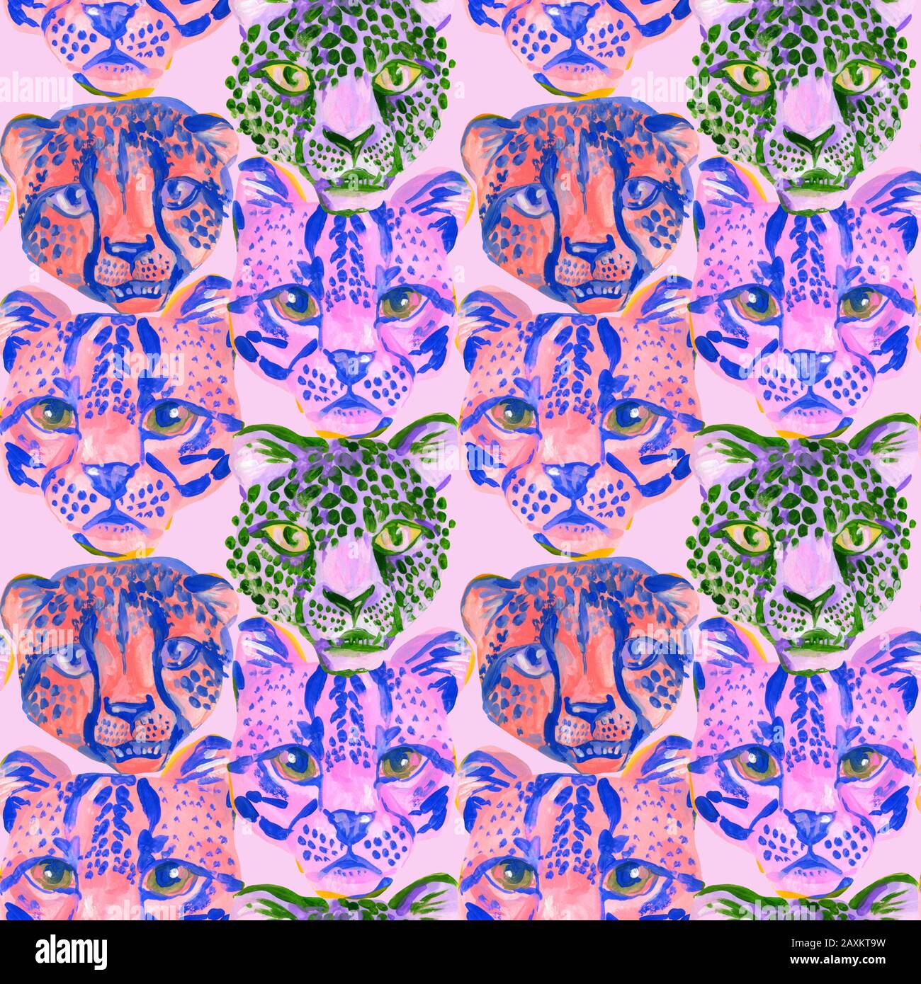 Acquerello animali modello di stampa. Carino leopard, ghepardo, jaguar museruola sfondo grafico. Creative illustrazione ad acquerello con esotico animale selvatico in Foto Stock