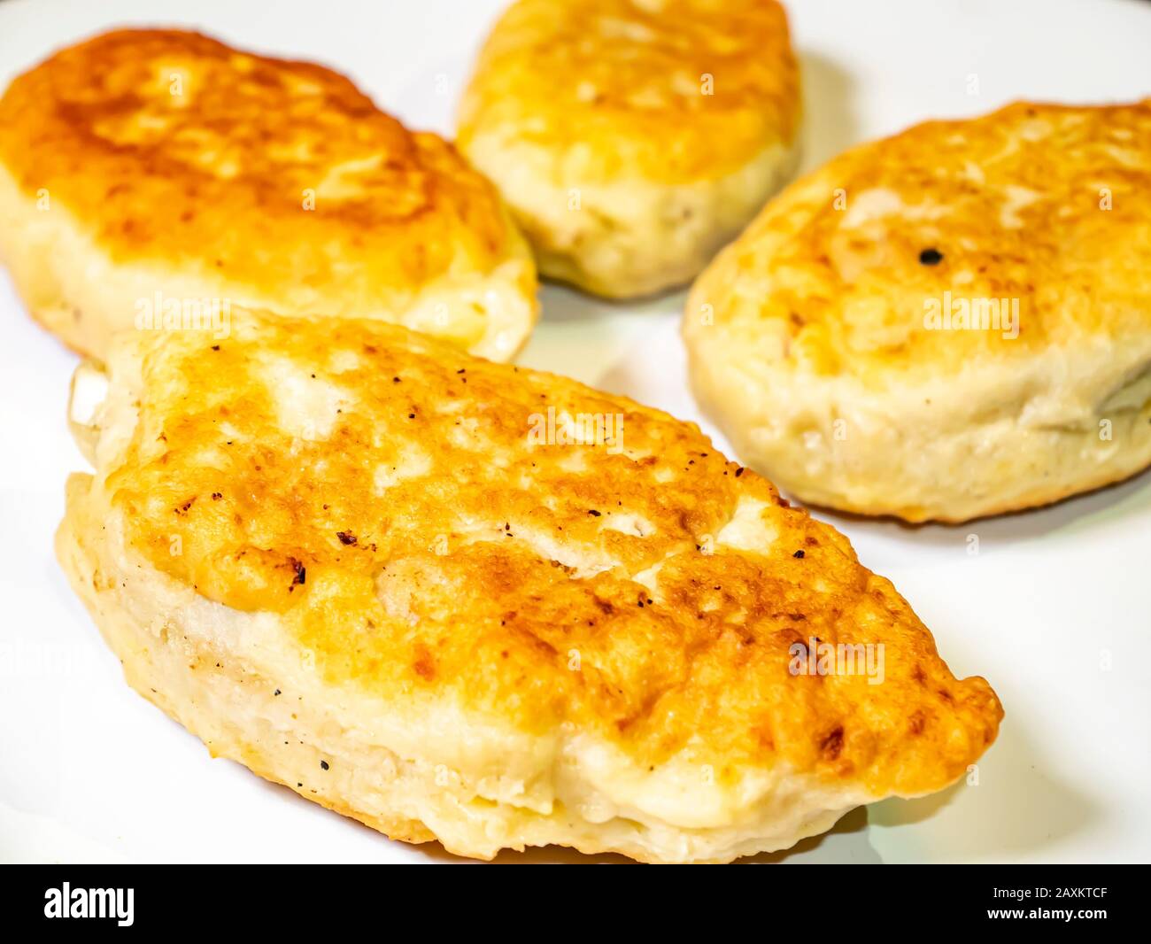 Cotolette su piastra bianca. Foto del cibo. Inserire il testo. Immagine di sfondo. Foto Stock