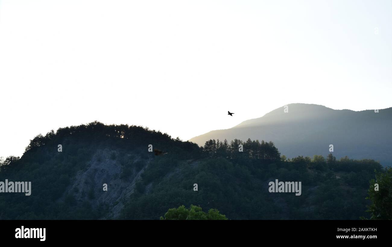 Vista delle montagne in controluce con un uccello che vola in alto verso il sole Foto Stock