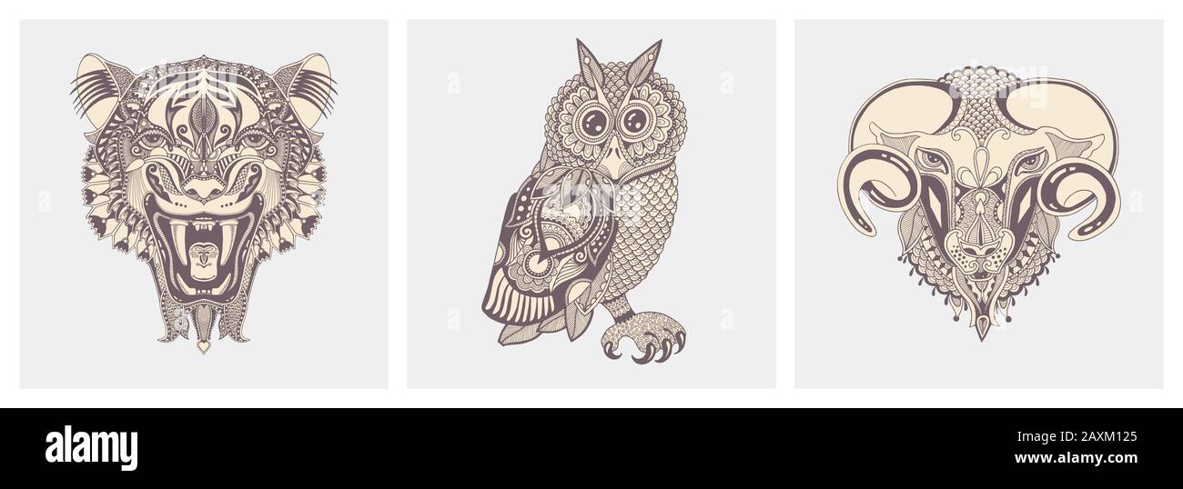 set di animali tatuati da disegno a mano - tigre, gufo e ariete Illustrazione Vettoriale