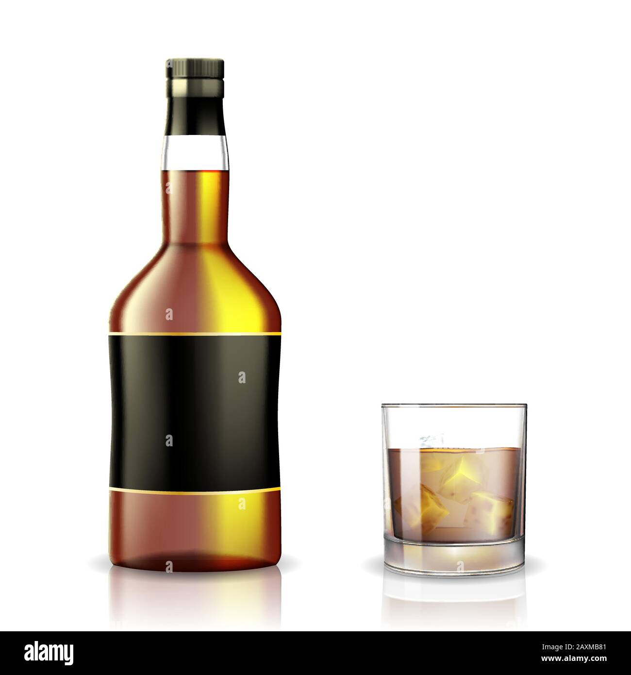 Set di bicchieri di whisky, rum, bourbon o cognac e bottiglia con Mockup Di Alcol. Bottiglia Di Bevanda Trasparente realistica isolata. illustrazione del vettore 3d Illustrazione Vettoriale