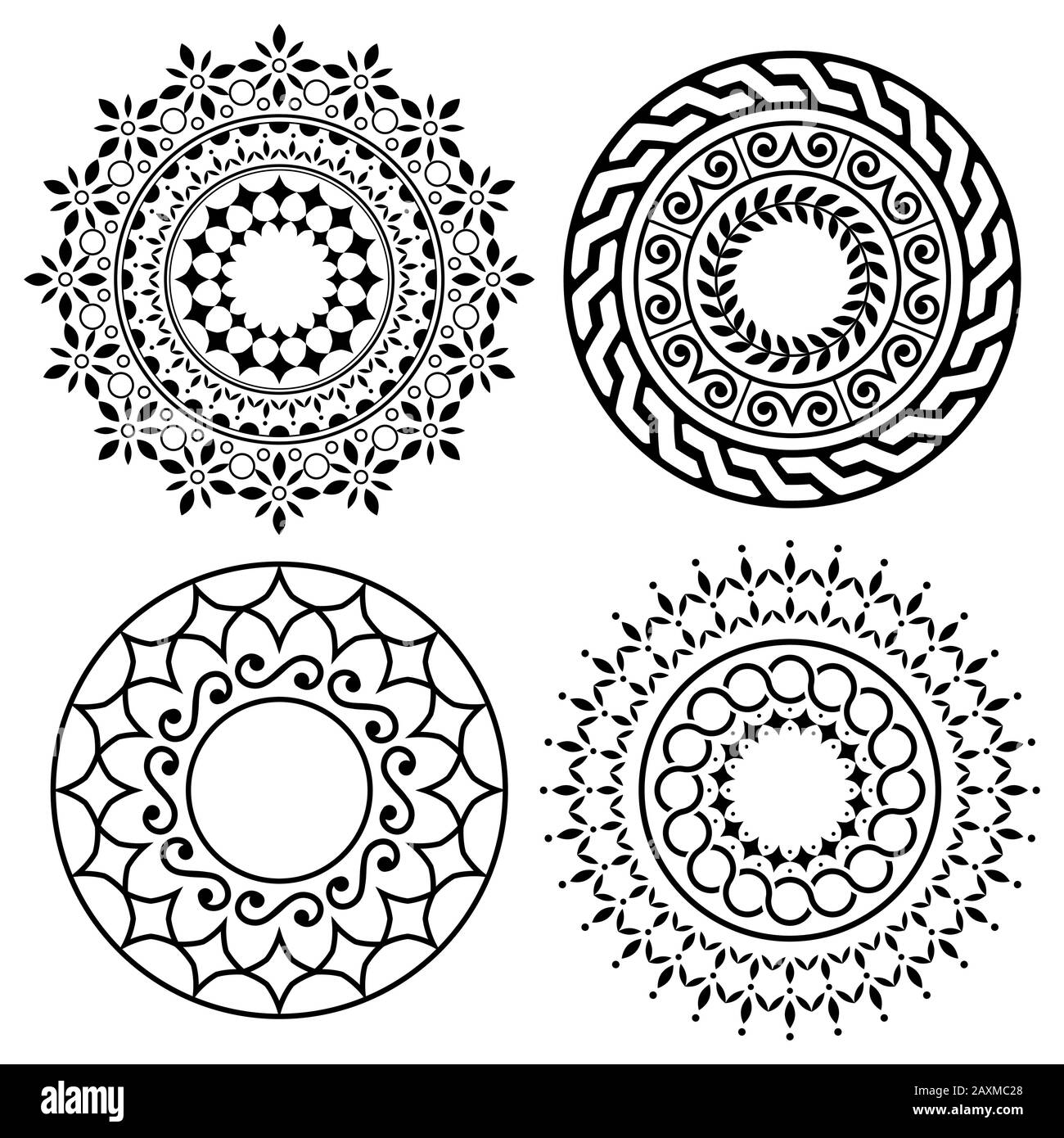 Collezione di disegni vettoriali Mandala, design zen yoga bohémien, design etnico asiatico in bianco e nero Illustrazione Vettoriale