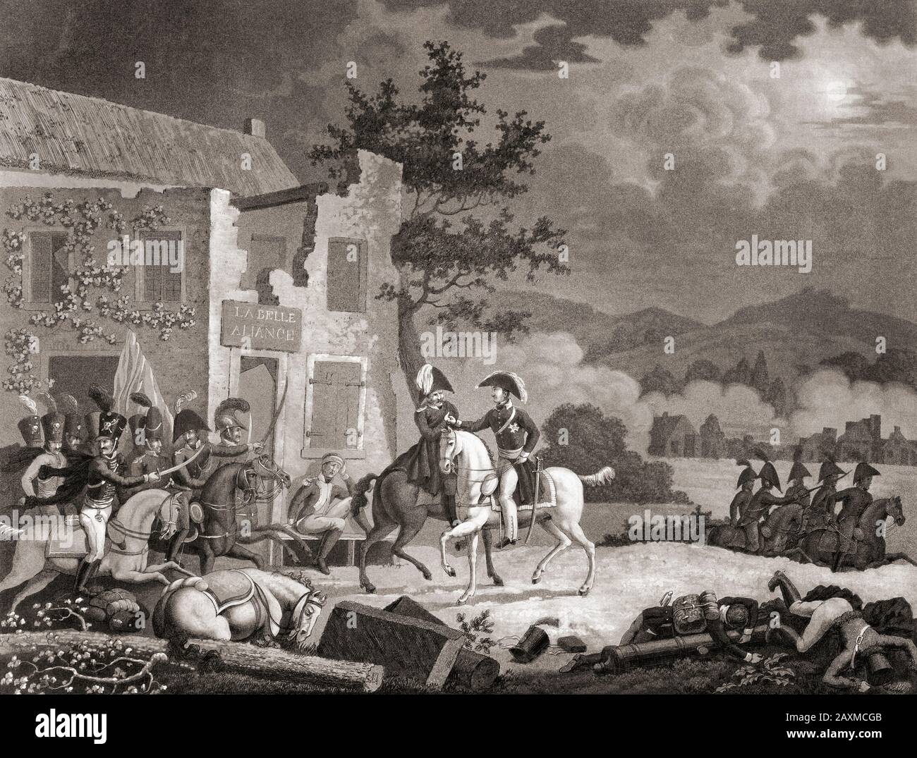 L'incontro di Wellington e Blucher presso la Belle Alliance, 18 giugno 1815 verso la fine della Battaglia di Waterloo. Foto Stock
