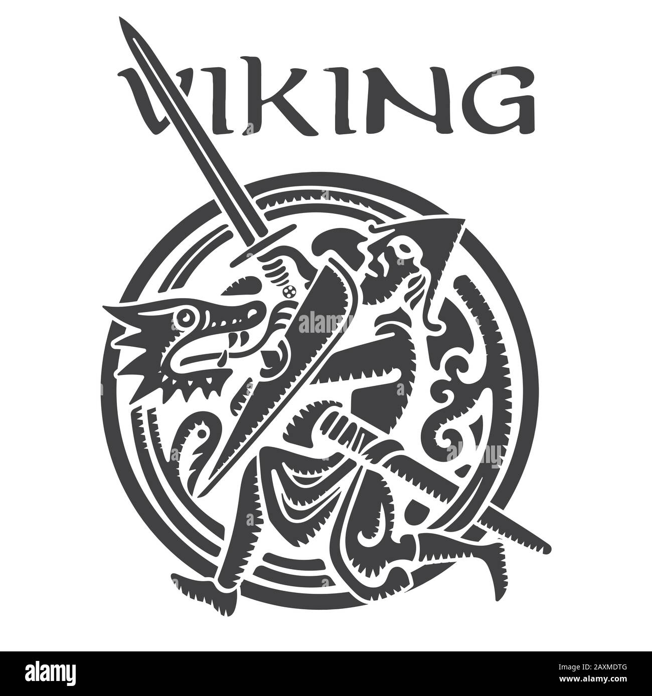 Design vichingo. Il guerriero vichingo combatte il drago. Antica illustrazione scandinava Illustrazione Vettoriale