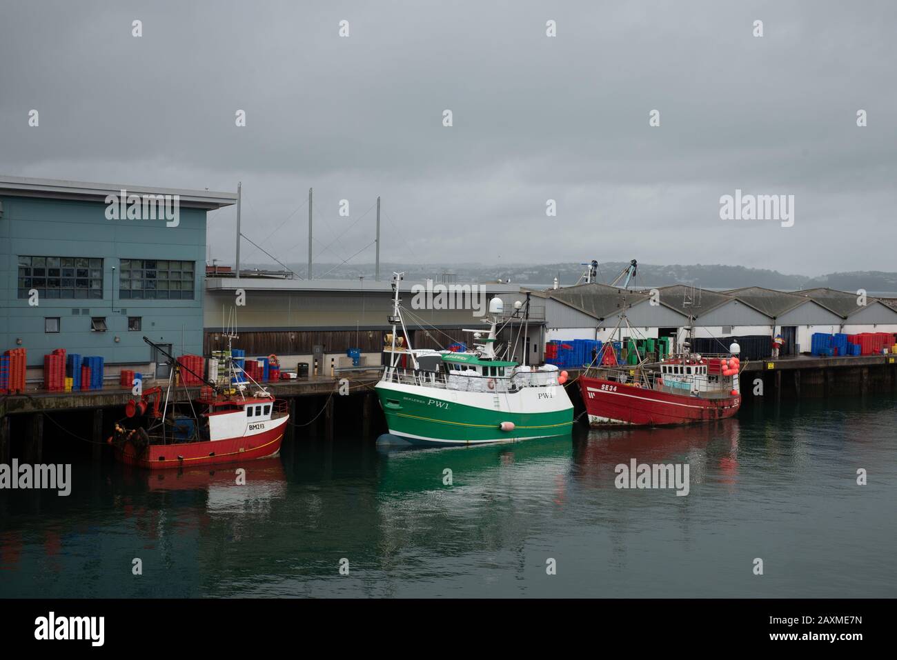 Il porto di Brixham è il più grande porto di pescatori della Gran Bretagna. Barche da pesca a Brixham (Devon) scarico. Foto Stock