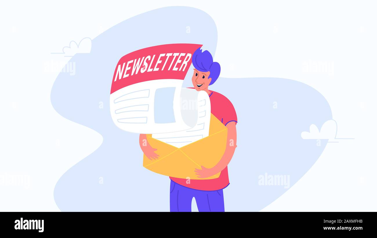 Felice uomo sorridente che abbraccia busta con newsletter. Concetto piatto moderno vettore illustrazione di persone che si abbona a notifica mensile, notizie e. Illustrazione Vettoriale