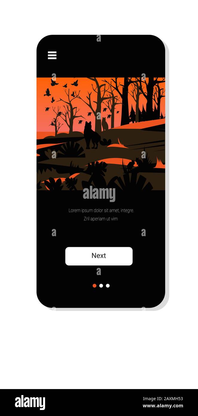 lupi che fuggono da incendi boschivi in australia uccelli selvatici che volano su alberi brucianti bushfire naturale disastro concetto intenso arancione fiamme smartphone schermo mobile app copia spazio immagine vettoriale Illustrazione Vettoriale