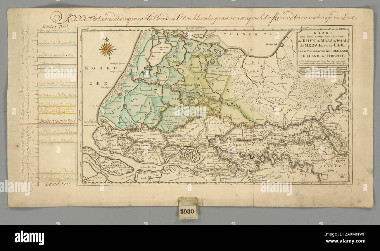 Archivio Nazionale Mappa di den Loop der Rivers de Rhyn, il Maas, il Waal de Merwe, e il Lek, dalle Province di Gelderland, Olanda e Utrecht. Prodotto da C. Velsen. Indicazione del rischio idrico olandese e di Utrecht a seguito della sovraacqua sul fiume Lek con sondaggi del 23 marzo 1751. Fa parte di un memorandum datato 1761 agosto. http://beeldbank.nationaalarchief.nl/na:col1:dat513485 Per ulteriori informazioni sull'Archivio Nazionale: http://www.nationaalarchief.nl Per ulteriori foto di queste e altre collezioni, visita il nostro Foto Stock