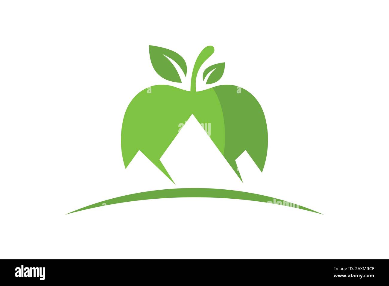 Simbolo del logo Apple e Mountain in stile piatto su sfondo bianco Illustrazione Vettoriale