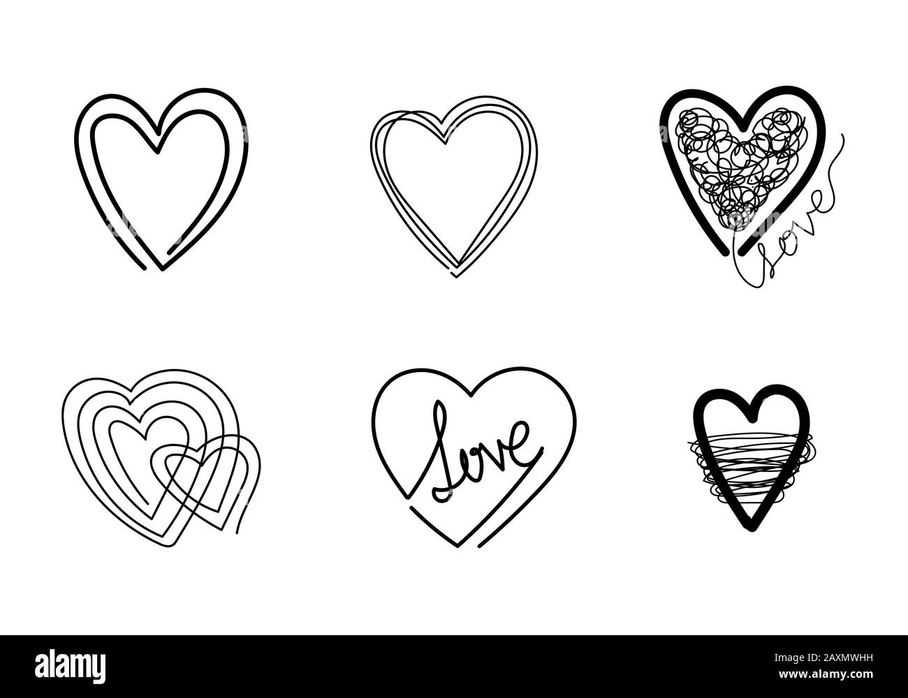 Set di scarabocchi doodle cuori isolati su sfondo bianco Foto Stock