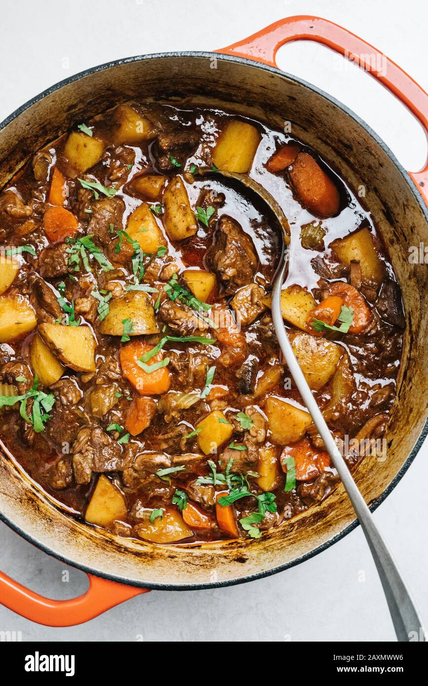 Stufato di manzo ancora vita in un forno olandese Foto Stock