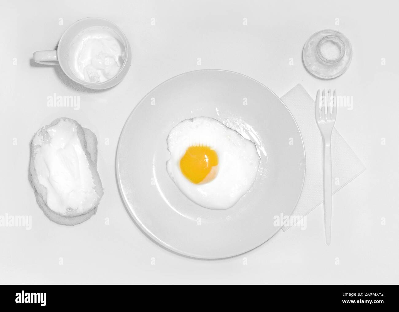 un piatto con solo cibo bianco, colazione ideale per ogni mattina Foto Stock