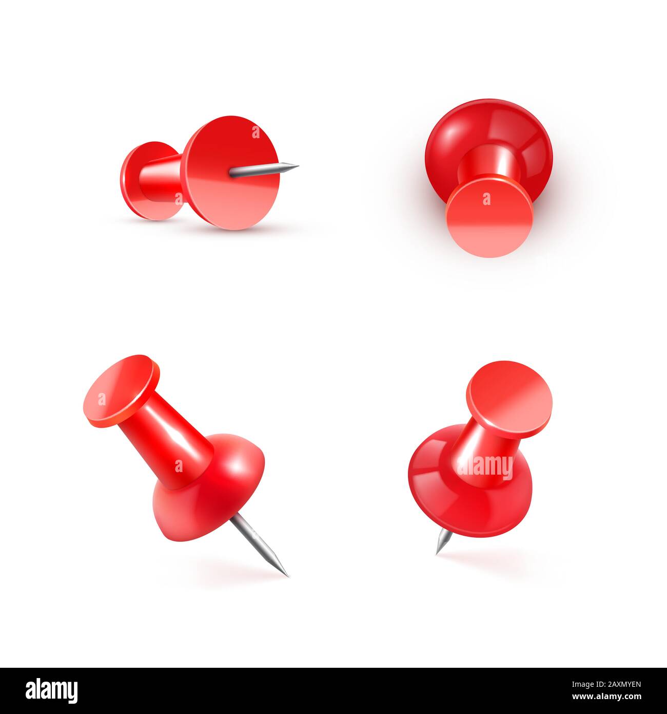 Realistico vettore plastica lucido rosso push pin 3D icona vettoriale su sfondo bianco. Illustrazione Vettoriale