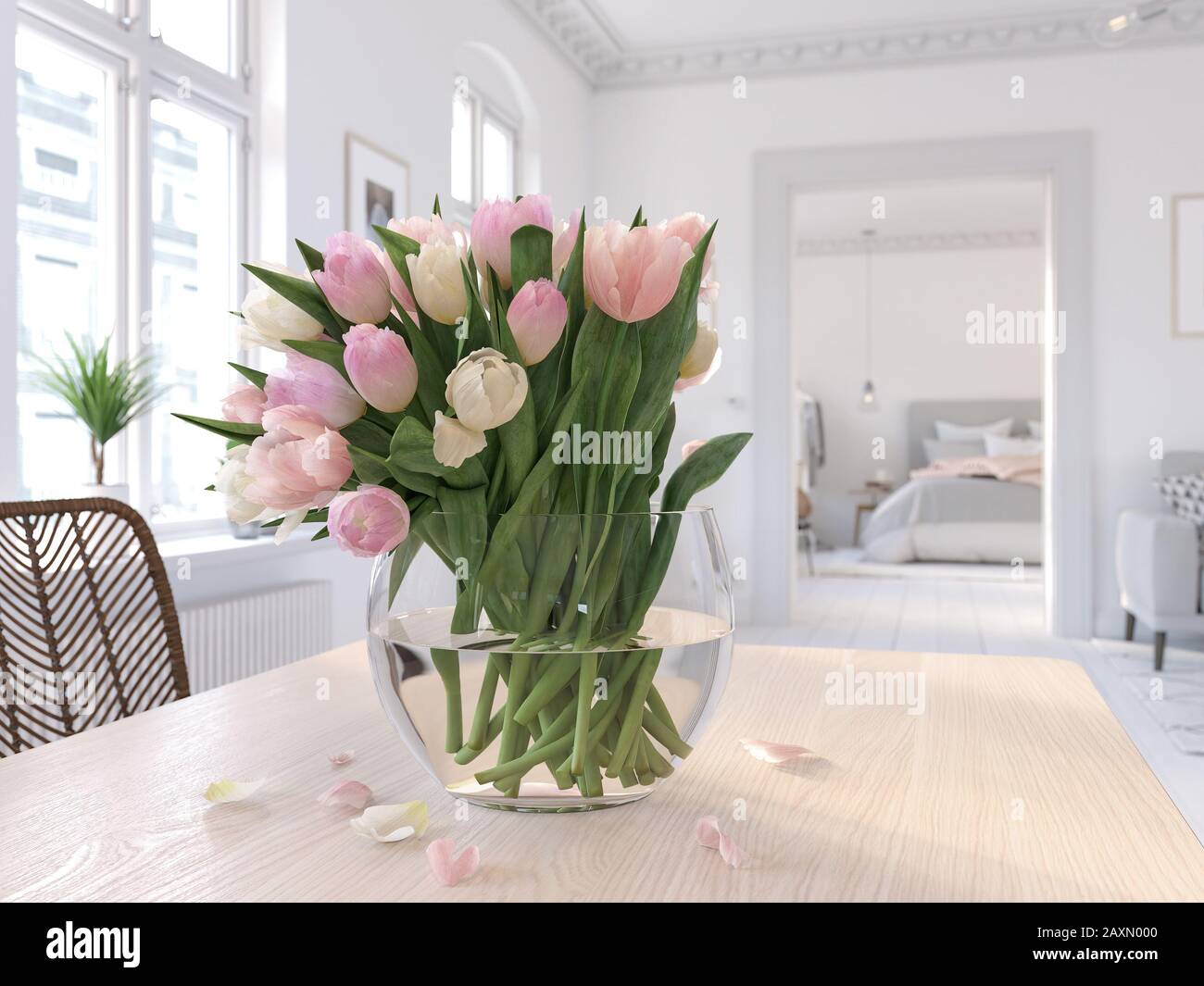 3D-Illustration. Tavolo con tulipani in soggiorno moderno Foto Stock