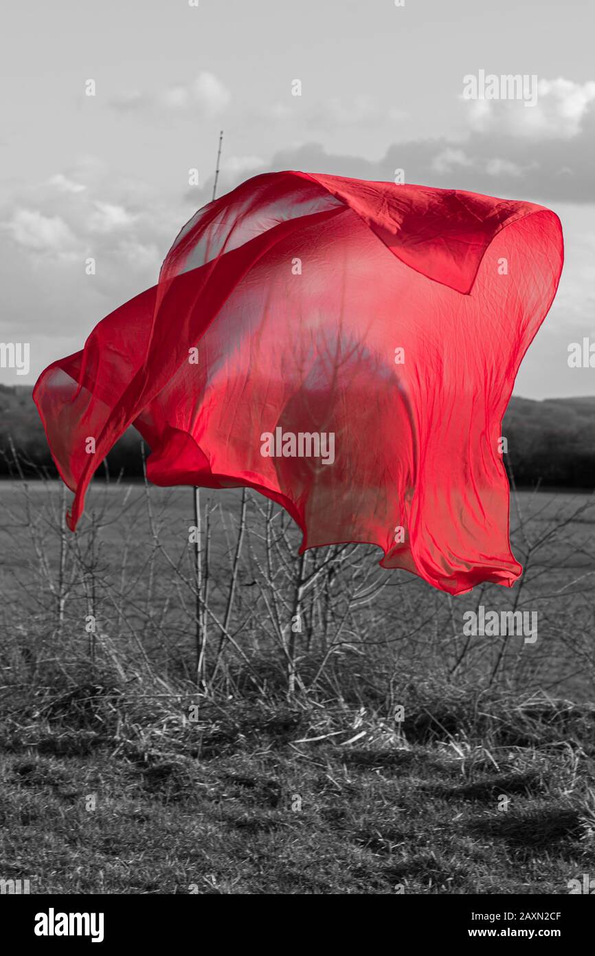 Un panno rosso si trova sul bordo del campo. Foto Stock