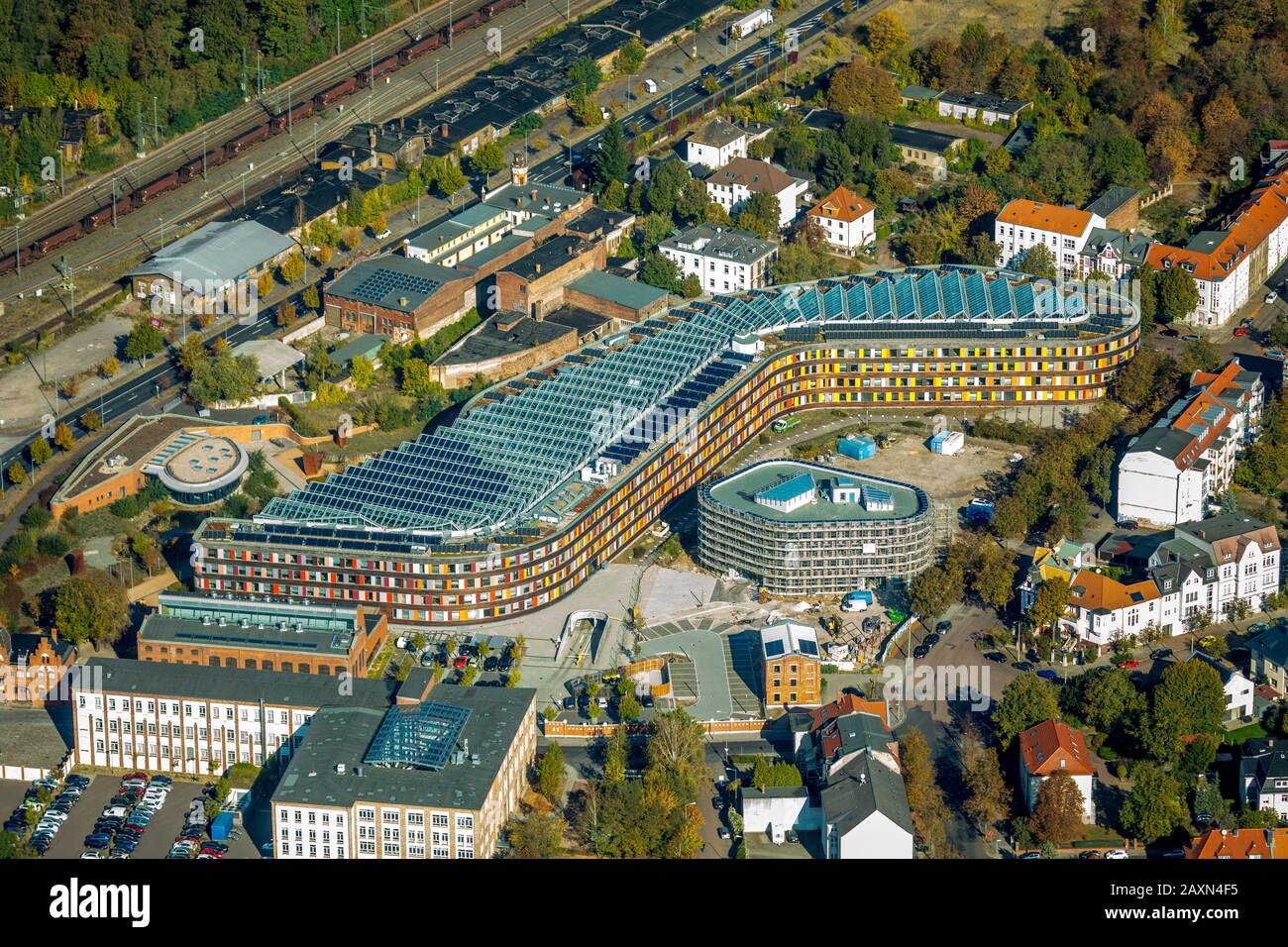 Foto aerea, ufficio federale dell'ambiente, Wörlitzer Patz, stazione ferroviaria di Wörlitzer, Unruhstrasse, Dessau, distretto Goslar, Sassonia-Anhalt, Germania, Foto Stock