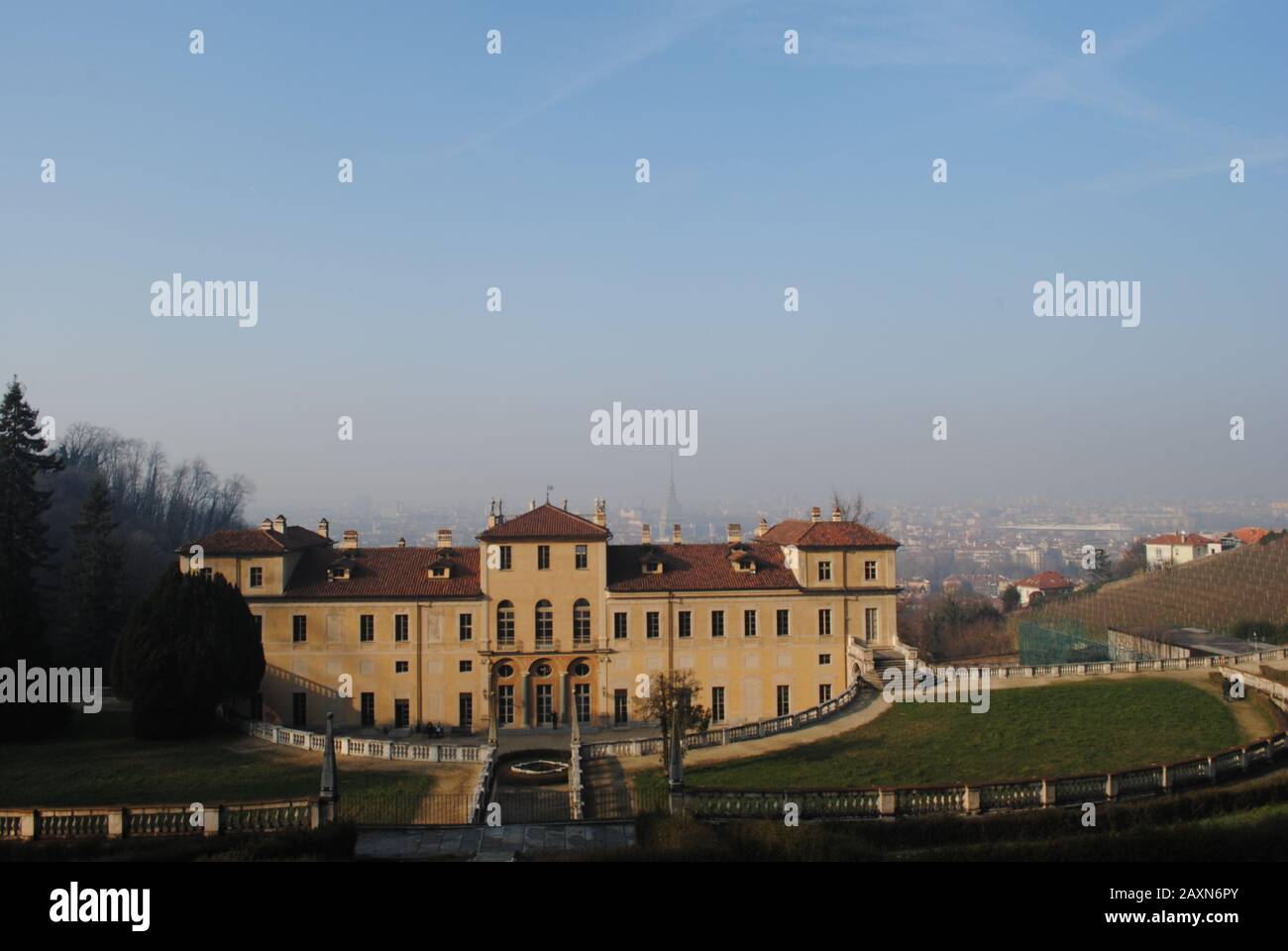 Vista sulla nebbia di Torino Foto Stock