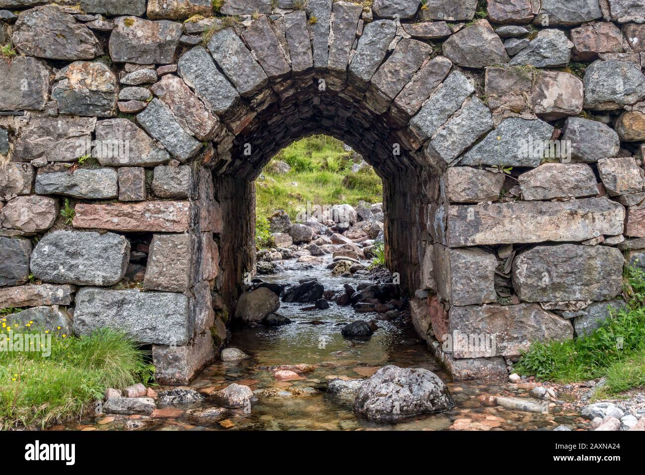 Fresco ruscello di montagna che corre attraverso un ponte di pietra arco tunnel in un caduto in Highlands scozzesi Scozia Foto Stock
