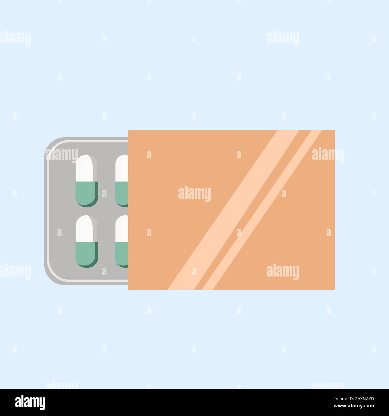 Una confezione di compresse in capsule di tipo piatto isolate su fondo blu. Confezione di farmaci. Illustrazione dello stock dei segni vettoriali. Medicina tradizionale. Naturale Illustrazione Vettoriale