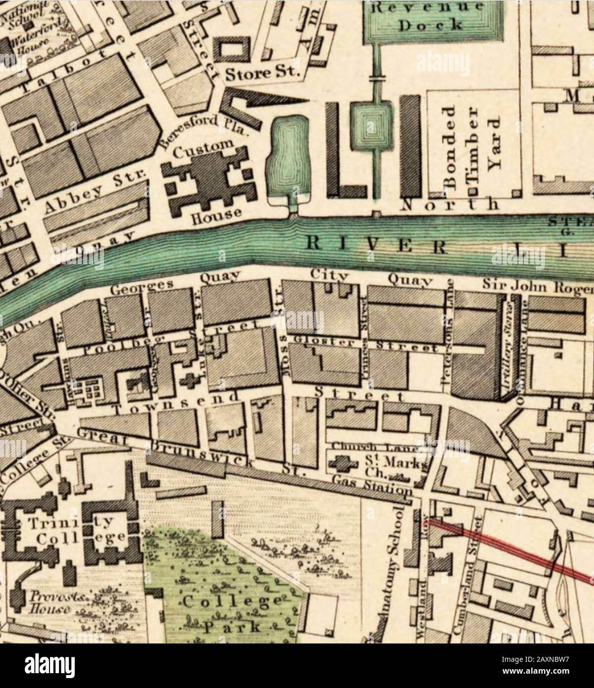 Centro DI DUBLINO in una mappa del 1853 che mostra il Trinity College in basso a sinistra Foto Stock