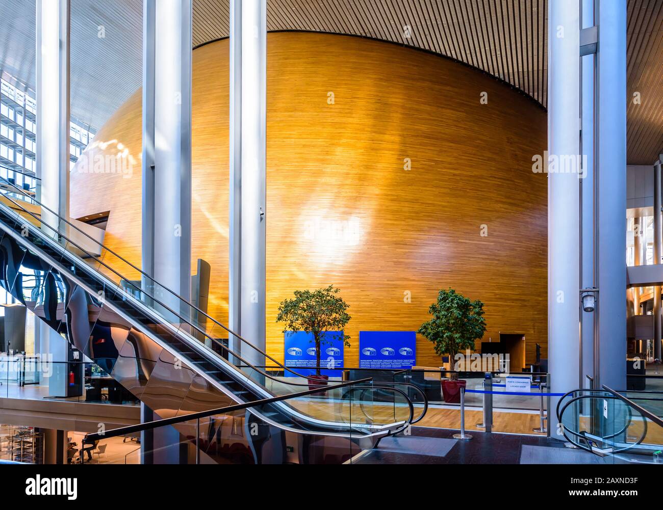 Vista esterna della grande sala a forma di uovo che ospita l'emiciclo del Parlamento europeo nell'edificio Louise Weiss di Strasburgo, Francia. Foto Stock