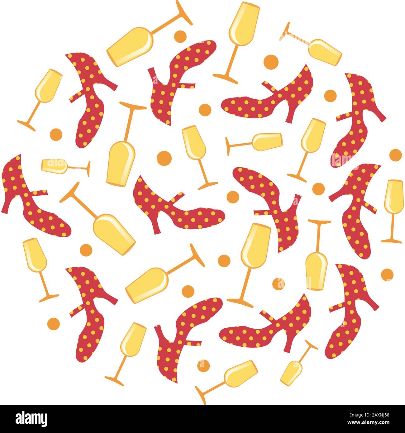 Fiera spagnola. Modello circolare di scarpe di flamenco e bicchieri di vino bianco su sfondo bianco Illustrazione Vettoriale
