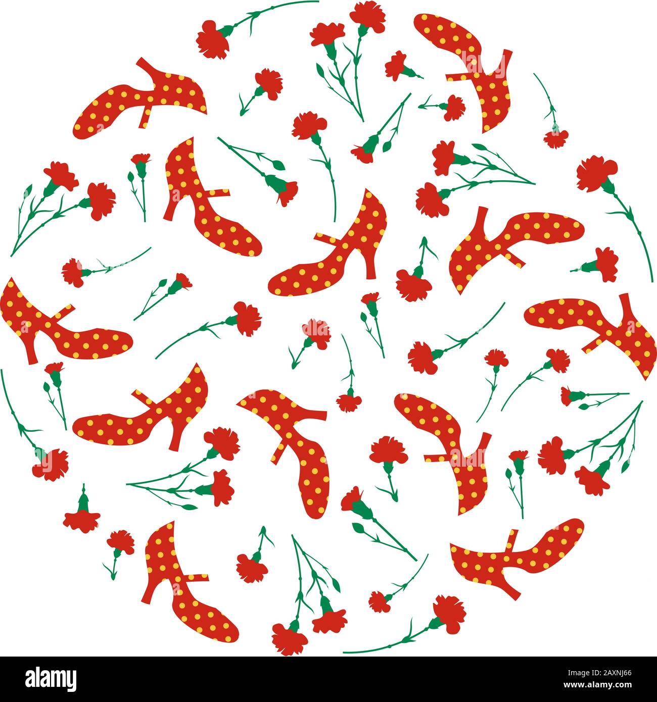 Fiera spagnola. Modello circolare di scarpe di flamenco e garofani rossi su sfondo bianco Illustrazione Vettoriale