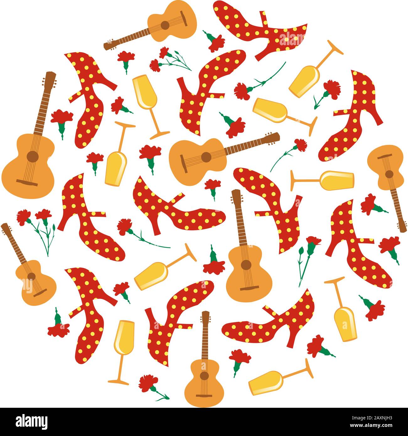 Fiera spagnola. Modello circolare di scarpe di flamenco, chitarra spagnola, garofani rossi e bicchieri da vino su sfondo bianco Illustrazione Vettoriale