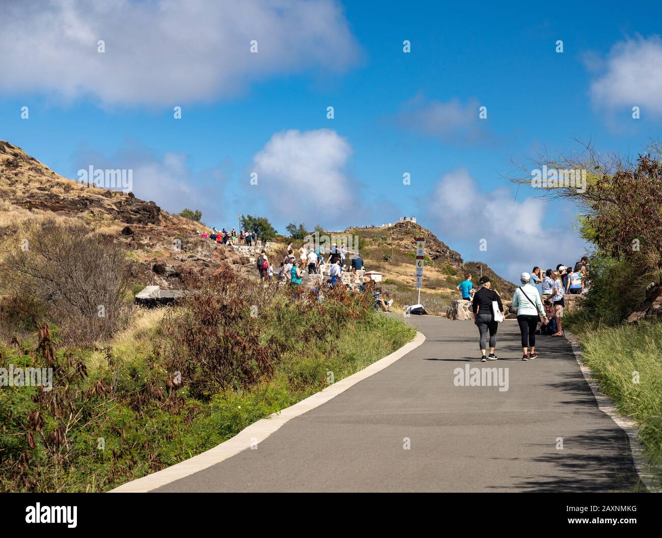 Honolulu, HI - 25 Gennaio 2020: Escursionisti sul sentiero per il punto di Makapu'u e il faro di Oahu Foto Stock