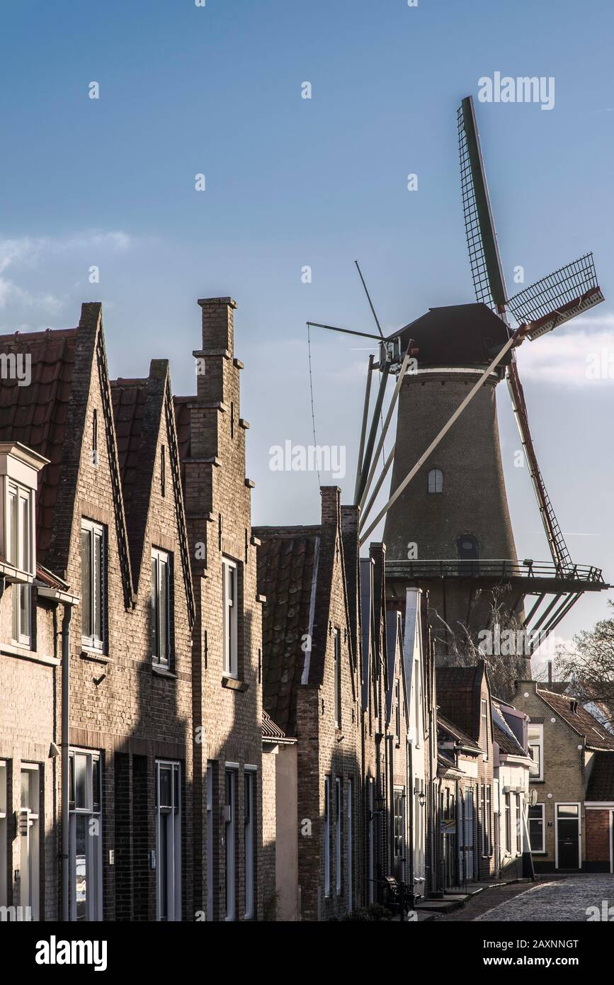 Case e mulino a vento a Zierikzee, Paesi Bassi Foto Stock