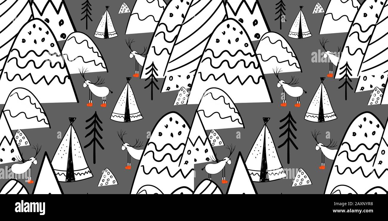 Foresta settentrionale. Illustrazione in stile folk. Montagne stilizzate. Stampa scandinava. Disegno della linea. Modello di perfetta per i bambini. Foto Stock
