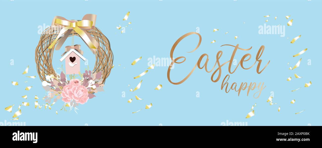 Banner di Pasqua. Poster pubblicitario. Pasqua. VACANZA DI PRIMAVERA. Religione cristiana. Una corona di rami su sfondo blu. Birdhouse. Illustrazione. Web Foto Stock