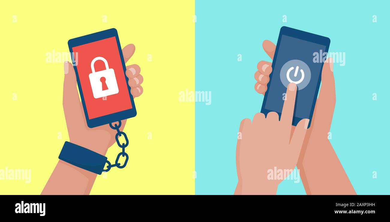 Dipendenza da Internet, nomofobia e detox digitale: L'utente si è incatenato a uno smartphone e l'utente si spegne il telefono Illustrazione Vettoriale