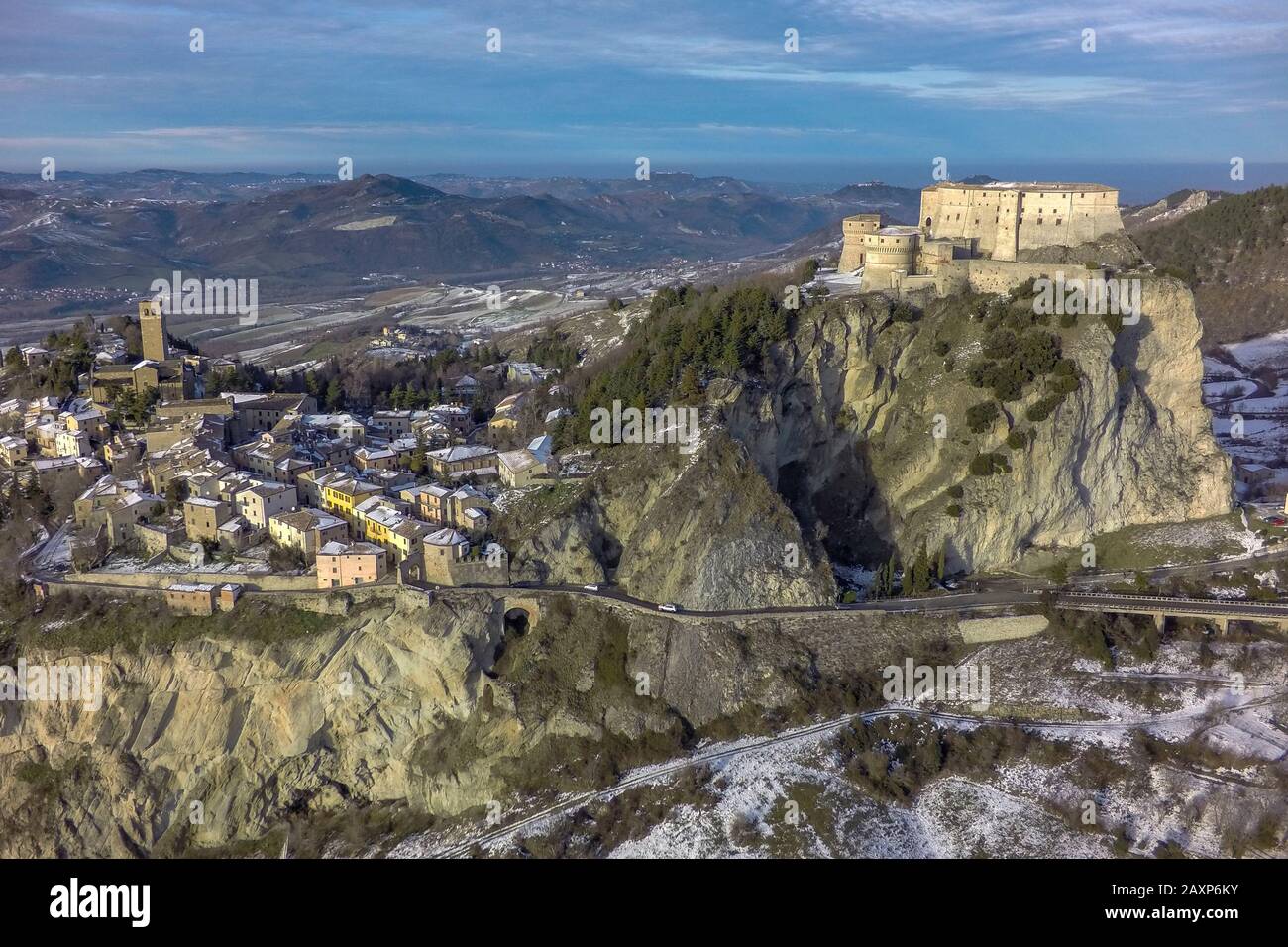 Vista panoramica della fortezza di San Leo Foto Stock