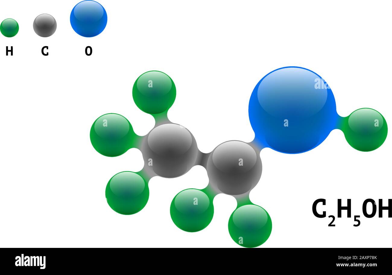 Modello chimico molecola etanolo C2H5OH formula dell'elemento scientifico. Particelle integrate composto a struttura molecolare di alcool 3d inorganico naturale. Sfere eps vettoriali di ossigeno al carbonio e di idrogeno Illustrazione Vettoriale